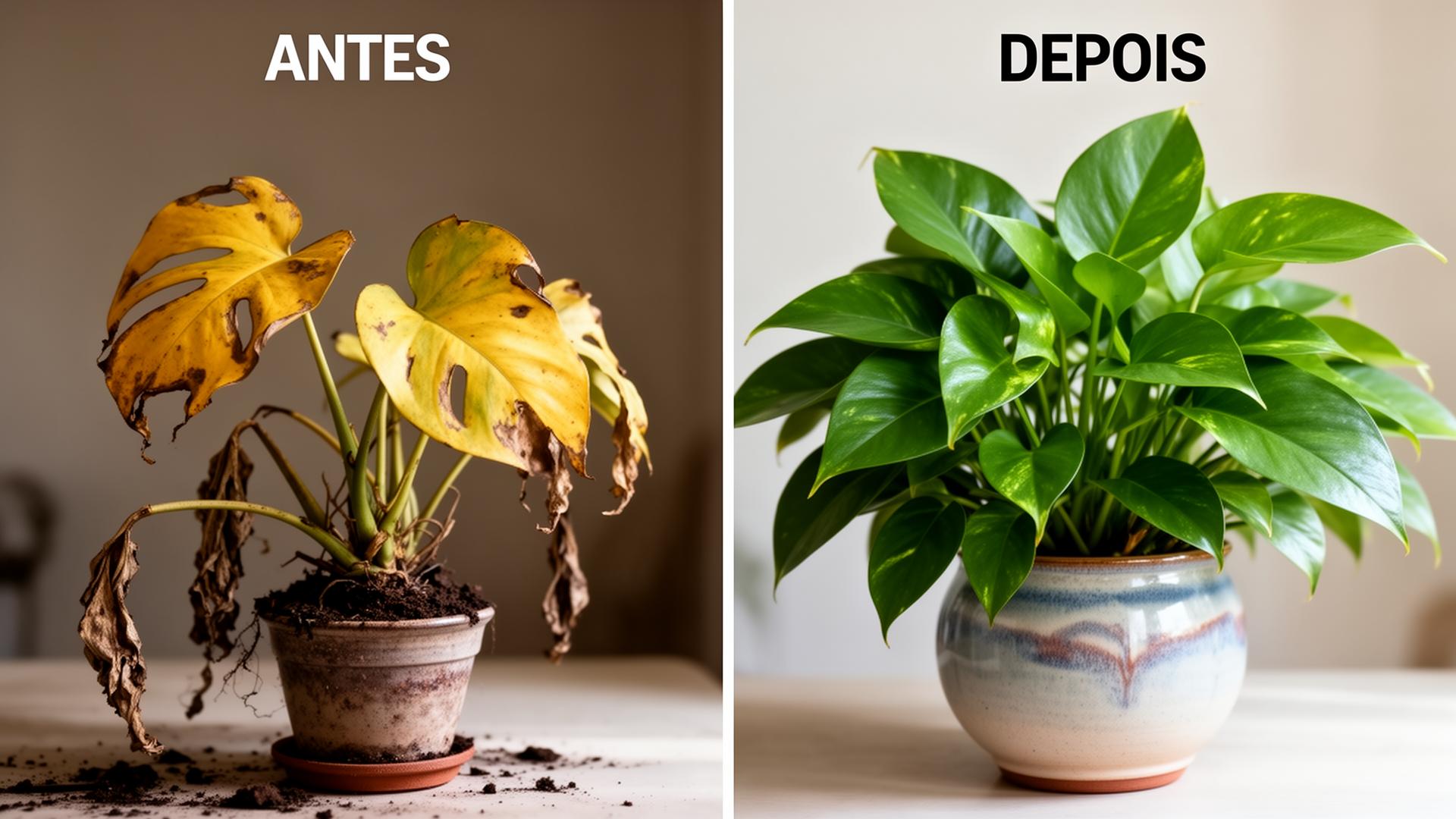 Comparação antes e depois: planta murcha à esquerda, planta saudável à direita